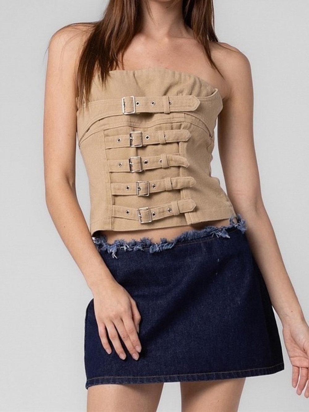 Strapless Buckle Corset Top in Khaki